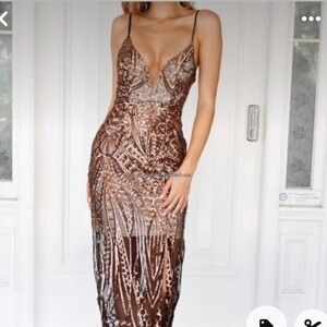 Copper sequin and black event dress! With beige underlay